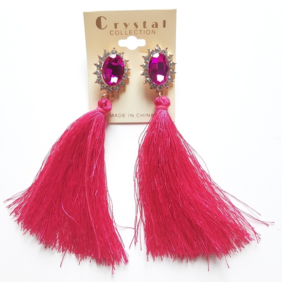 Crystal Collection Hot Pink Tassel Earrings - Picture 5 of 10